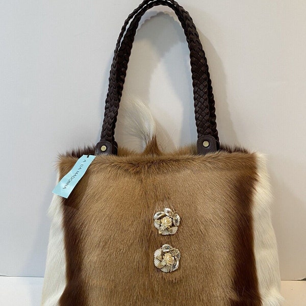 aqua madonna tote handbag springbok fur and leather trim brown