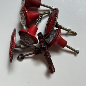 Set of 7 Vintage Distressed Red Decorative Cabinet Knobs Key Style