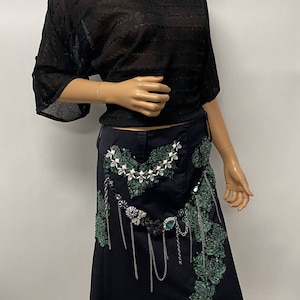 handmade skirt black embroidered with green lace chains