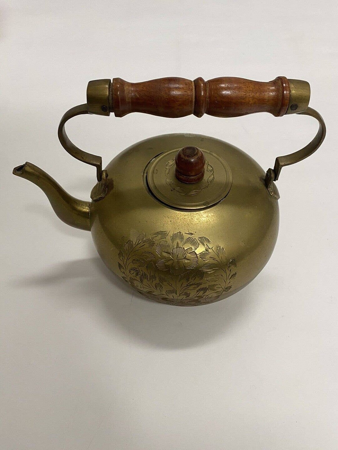 Antique Vintage Brass Footed Teapot With Wood Handle Etched Etsy