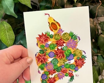 Serpiente con flores suculentas Ilustración / arte de reptiles / postal de 5x7 / impresión artística de 8x10