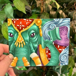 Illustration de l'éléphant indien | Éléphant pulvérisant de l'eau | Impression d'art 8 x 10 | Carte postale 5 x 7