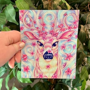 Hirsch mit Sakura Blumen Illustration | Tier Kunst | 13x18 Postkarte | 20x26 Kunstdruck