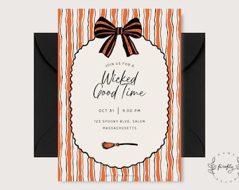 May include: A rectangular invitation card featuring a vertical orange and black striped pattern, a central cream-colored scalloped frame, a black and orange bow, and a small broom illustration. Text reads: Join us for a Wicked Good Time, Oct 31, 9:00 PM, 123 Spooky Blvd, Salem Massachusetts.