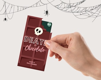 May include: A dark brown chocolate bar with a bite taken out, featuring a white skull and the words "DEATH by Chocolate" in white and pink. The words "HAPPY HALLOWEEN" are also visible. The background includes spiderwebs and spiders.