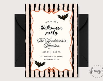 May include: A rectangular Halloween party invitation card with a cream center, black and pale pink vertical stripes, and orange scalloped borders. It features two black bats, orange bows, and text reading: JOIN US FOR A Halloween party AT The Henderson's Mansion OCT 31 | 9:00 PM 123 SPOOKY BLVD. SALEM MASSACHUSETTS. A black envelope is behind the card.