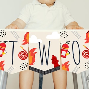 Firetruck Highchair Banner 2nd Second Birthday Boys Highchair TWO Birthday Party Decorations - Printable Digital Art INSTANT DOWNLOAD