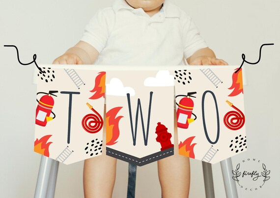 Firetruck High Chair Banner 2nd Second Birthday Boys High Chair TWO Birthday Party Decorations - Printable Digital Art INSTANT DOWNLOAD