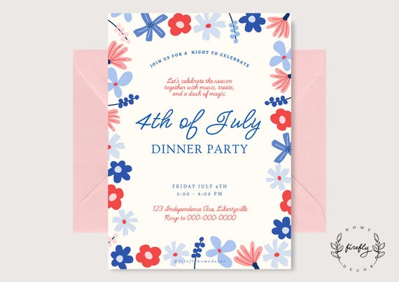 Light Blue White Pink and Red Floral Party Birthday Invitation Girl - Boys Patriotic Red Blue White - Printable Digital Art CUSTOM DOWNLOAD