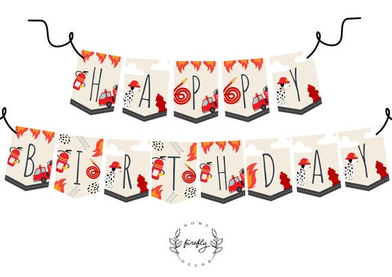 Firetruck Happy Birthday Banner Boys Firetruck Birthday Banner Party Decorations - Printable Digital Art INSTANT DOWNLOAD