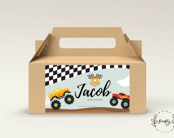 Monster Truck Birthday Party Gable Box Favor Label Boys Gift Box Label Tags Party Decorations - Printable Digital Art CUSTOM DOWNLOAD