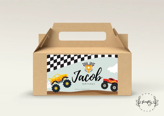 Monster Truck Birthday Party Gable Box Favor Label Boys Gift Box Label Tags Party Decorations - Printable Digital Art CUSTOM DOWNLOAD