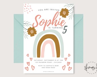 Boho Birthday Invitation Girl Party Birthday Invitation - Printable Digital Art CUSTOM DOWNLOAD