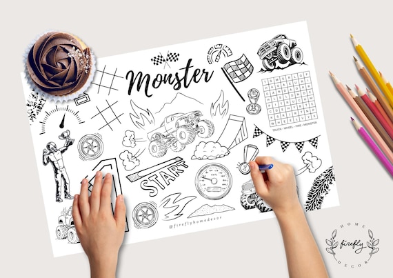 Monster Truck Coloring Placemat | Party Activity | Kids Coloring Page | Table Mat | Birthday Games - Printable Digital INSTANT DOWNLOAD
