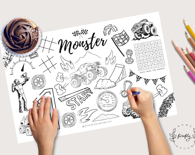 Monster Truck Coloring Placemat | Party Activity | Kids Coloring Page ...