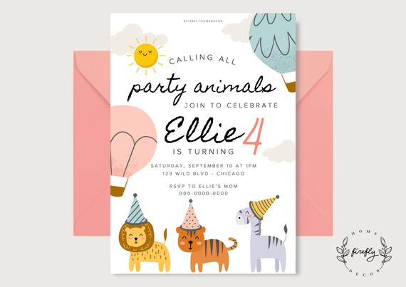 Party Animals Birthday Invitation Girl Party Birthday Invitation - Printable Digital Art CUSTOM DOWNLOAD