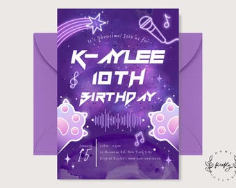 May include: Purple birthday invitation with the text "K-AYLEE 10TH BIRTHDAY" in white. The design includes a shooting star, microphone, musical notes, and paw prints. The invitation is accompanied by a purple envelope.