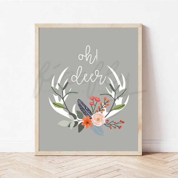 Oh! Deer Antler Flowers White & Grey - Nursery Wall Art Decor Kids Bedroom Printable Digital Art INSTANT DOWNLOAD