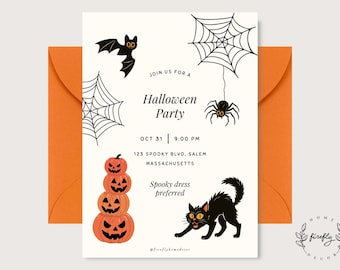 May include: A cream-colored Halloween party invitation card featuring black illustrations of a bat, spider webs, a spider, and a stack of four orange jack-o'-lanterns. The text reads Join us for a Halloween Party, Oct 31, 9:00 PM, 123 Spooky Blvd, Salem Massachusetts, Spooky dress preferred. An orange envelope is behind the card.
