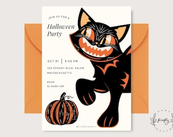 May include: A Halloween party invitation card featuring a black cat with orange eyes and a jagged grin, alongside a pumpkin illustration. The text reads: Join us for a Halloween Party, Oct 31, 9:00 PM, 123 Spooky Blvd, Salem Massachusetts, RSVP by October 28th.