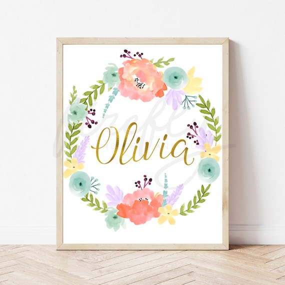 Gold Name and Floral Watercolor Nursery Wall Art Olivia - Nursery Wall Art Decor Kids Bedroom Printable Digital Art INSTANT DOWNLOAD