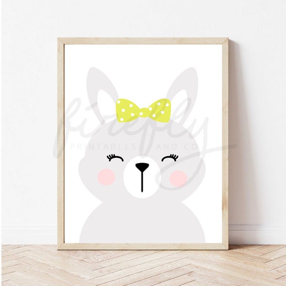 Bunny Light Grey & Ribbon Yellow - Nursery Wall Art Decor Kids Bedroom Printable Digital Art INSTANT DOWNLOAD