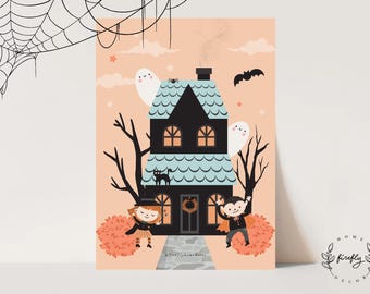 May include: A Halloween-themed illustration featuring a black house with a teal roof, ghosts, a bat, and a black cat. Two children in costumes stand in front of the house. The background is peach with stars and clouds.