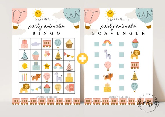 Party Animals Bingo / Scavenger Hunt Checklist Game Girl Party Birthday Activity - Printable Digital Art INSTANT DOWNLOAD
