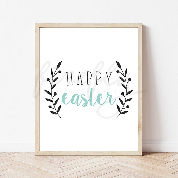 Happy Easter Leaves Mint - Nursery Wall Art Decor Kids Bedroom Printable Digital Art INSTANT DOWNLOAD