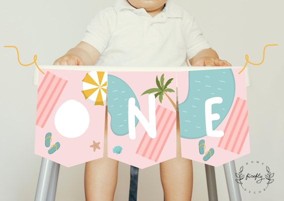 Pool Party High Chair Banner 1st First Birthday Girl High Chair ONE Birthday Party Decorations - Printable Digital Art INSTANT DOWNLOAD