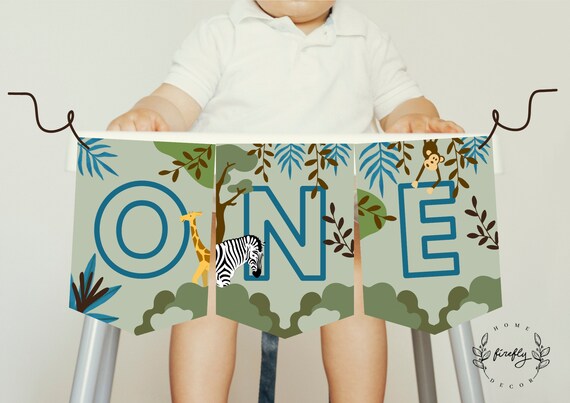 Safari High Chair Banner 1st First Birthday Boys High Chair ONE Birthday Banner Party Decorations - Printable Digital Art INSTANT DOWNLOAD