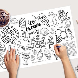 Puede incluir: Página para colorear en blanco y negro de una fiesta de helados con conos de helado, polos y un laberinto. Una magdalena de chocolate con glaseado blanco está en la parte superior izquierda. Lápices de colores a la derecha.