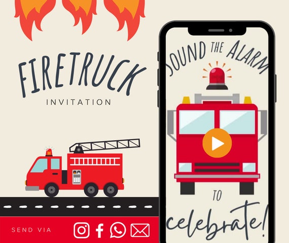 Firetruck Animated Video Birthday Invitation Boys Animated Video Birthday Party Invitation - Video Invite Digital Art CUSTOM DOWNLOAD