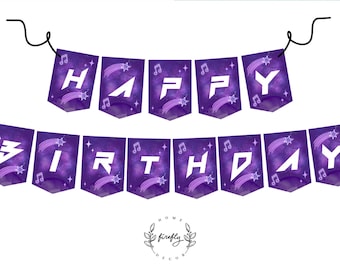 May include: A purple banner with the words "HAPPY BIRTHDAY" in white, each letter on a separate pennant. The pennants have a galaxy design with musical notes and shooting stars. The banner is strung on a black string.