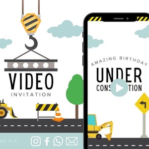 Puede incluir: La pantalla de un teléfono inteligente que muestra una invitación de cumpleaños con el texto "Amazing Birthday Under Construction" y un botón de reproducción. La invitación está decorada con gráficos de temática de construcción, incluyendo una excavadora amarilla y una señal de construcción amarilla con una flecha hacia la izquierda.