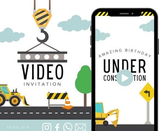 Construction Animated Video Birthday Invitation Boys Animated Video Birthday Party Invitation - Video Invite Digital Art CUSTOM DOWNLOAD