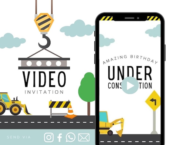Construction Animated Video Birthday Invitation Boys Animated Video Birthday Party Invitation - Video Invite Digital Art CUSTOM DOWNLOAD