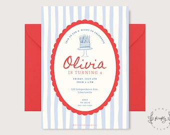 Invito per festa di compleanno ovale azzurro e rosso con decorazioni smerlate per bambina e bambino, patriottico, rosso, blu e bianco - Arte digitale stampabile DOWNLOAD PERSONALIZZATO