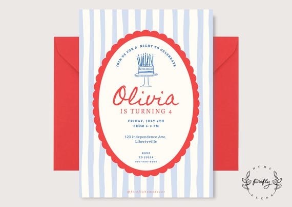 Light Blue and Red Oval Scalloped Party Birthday Invitation Girl - Boys Patriotic Red Blue White - Printable Digital Art CUSTOM DOWNLOAD
