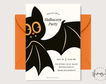 May include: A rectangular Halloween party invitation card featuring a black bat illustration with orange eyes and fangs on a cream background. The text reads: Join us for a Halloween Party, Oct 31, 9:00 PM, 123 Spooky Blvd, Salem Massachusetts, Spooky dress preferred.