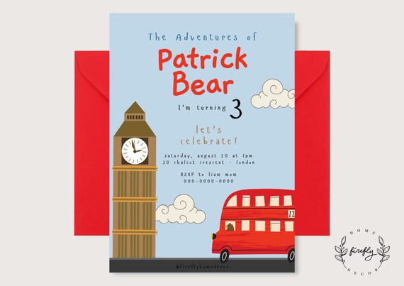 London Bear Birthday Invitation Boys Party Birthday Invitation Peru Bear - Printable Digital Art CUSTOM DOWNLOAD