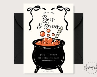 May include: A white invitation card with black text reading "JOIN US FOR A Boos & Brews" and "OCT 31 | 9:00 PM 123 SPOOKY BLVD, SALEM MASSACHUSETTS". The card features a black cauldron illustration with orange bubbling liquid and a wooden spoon.
