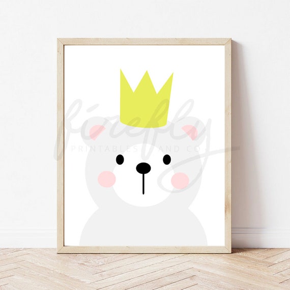 Polar Bear & Crown Yellow - Nursery Wall Art Decor Kids Bedroom Printable Digital Art INSTANT DOWNLOAD