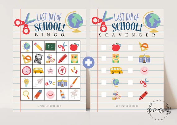Last Day of School Bingo / Scavenger Hunt Checklist Game Last Day of School Party Birthday Activity - Printable Digital Art INSTANT DOWNLOAD