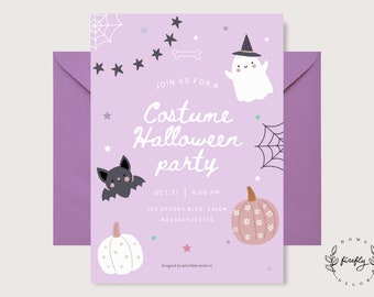 May include: A lavender Halloween party invitation with a matching envelope. The invitation features a ghost, bat, pumpkins, and the text "Costume Halloween party". The date and time are also included.