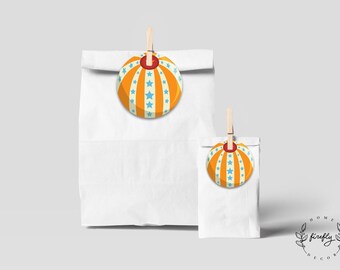 May include: Two white paper bags with decorative orange and blue star-patterned circles attached with wooden clothespins. The circles have a red top and are reminiscent of a circus ball.