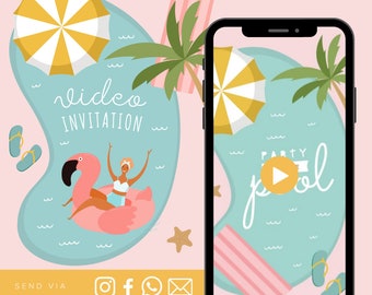 Pool Party Animated Video Birthday Invitation Girl Animated Video Birthday Party Invitation - Video Invite Digital Art CUSTOM DOWNLOAD