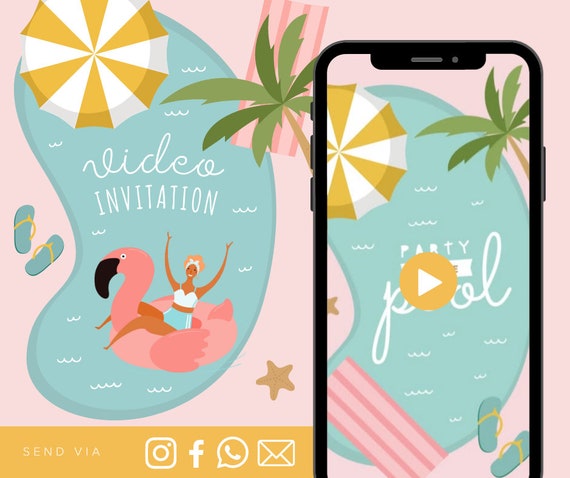 Pool Party Animated Video Birthday Invitation Girl Animated Video Birthday Party Invitation - Video Invite Digital Art CUSTOM DOWNLOAD