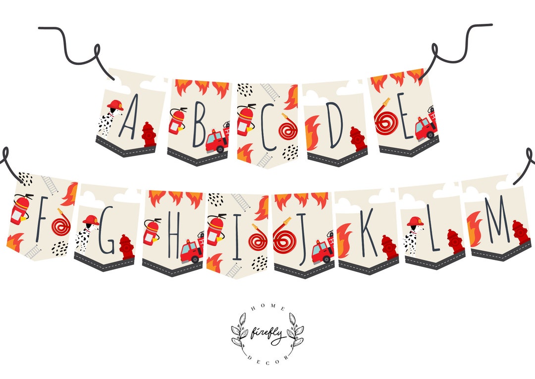 Firetruck ABC Numbers Banner Boys Firetruck Birthday Banner Party Decorations Printable Digital ...