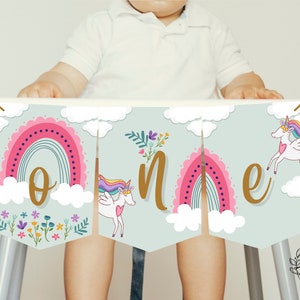 Unicorn Highchair Banner 1st First Birthday Girl Highchair ONE Birthday Banner Party Decorations - Printable Digital Art INSTANT DOWNLOAD